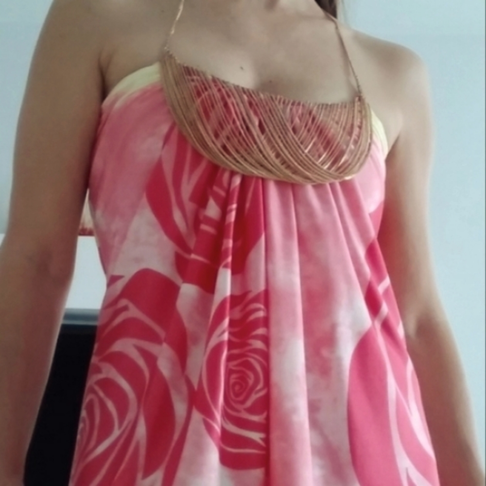 Brand 🆕 Sky Designer Silk Halter Gold Jewelry Rose & Yellow Top